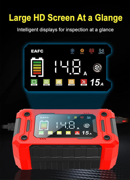 Neueste 12V Auto Batterieladegerät 15A/8A Pulsreparatur Großes Display Smart Charger für Auto Motorrad Bleiakku AGM GEL Batterien