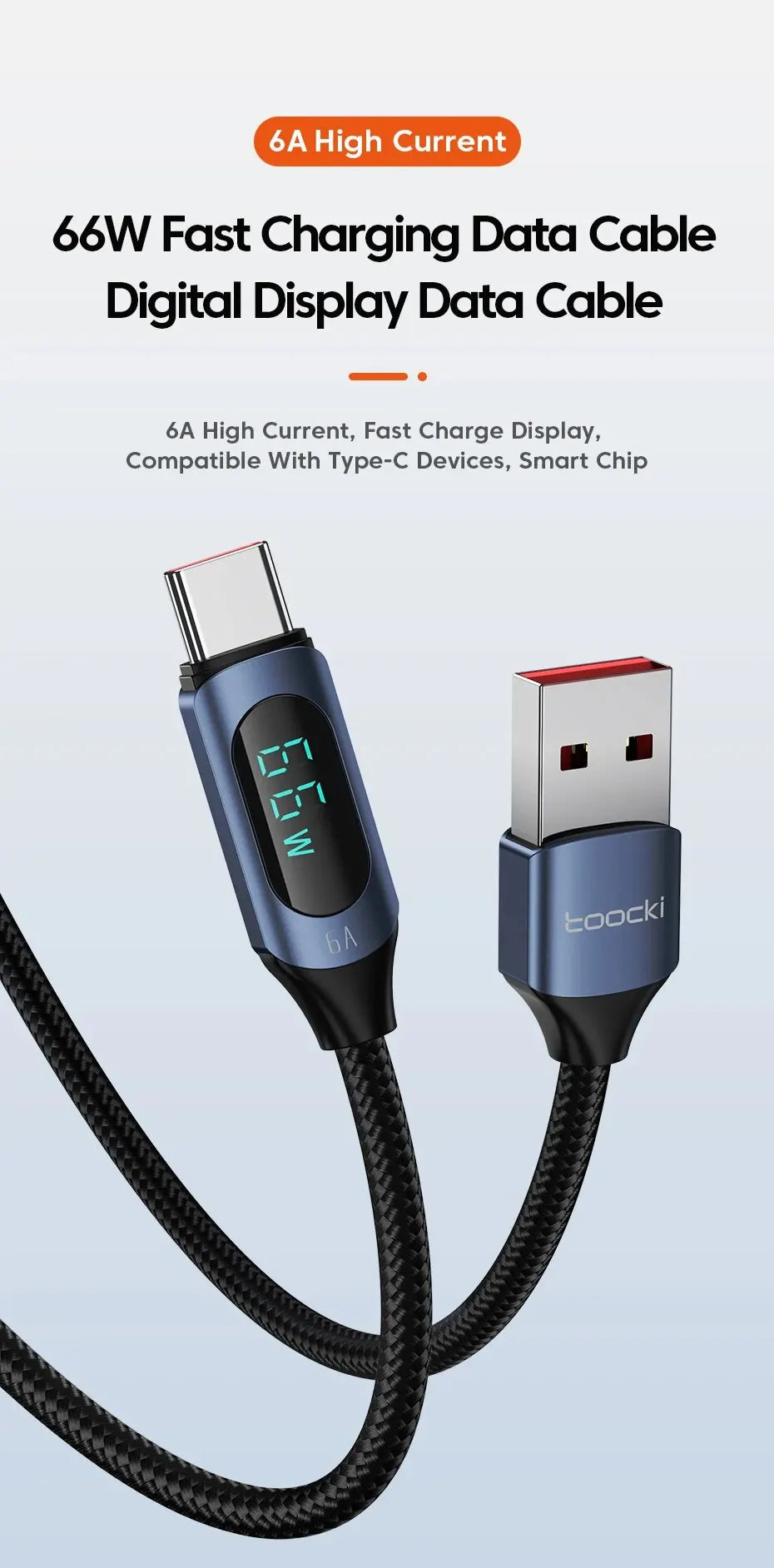 Cable USB Tipo C Toocki 66W Carga rápida Cargador USB A a USB C Cable de pantalla para iPhone 15 Xiaomi POCO F3 Realme Macbook iPad