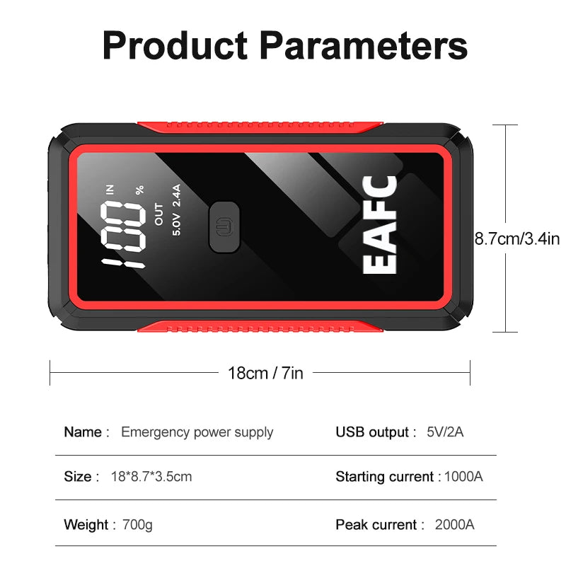 EAFC 12V Auto Starthilfe Powerbank – Tragbarer Jump Starter & Batterie-Booster mit LED-Licht