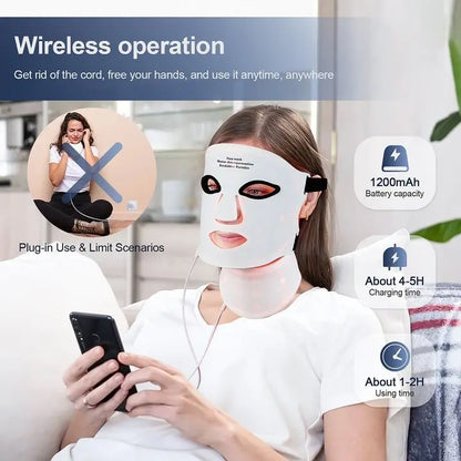 Silikon LED-mask för ansikte med nacke 7-färgers LED-foton rött ljus infraröd terapi flexibel ansiktsmask reparation av hud trådlös användning