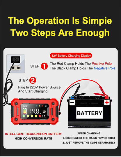 Neueste 12V Auto Batterieladegerät 15A/8A Pulsreparatur Großes Display Smart Charger für Auto Motorrad Bleiakku AGM GEL Batterien
