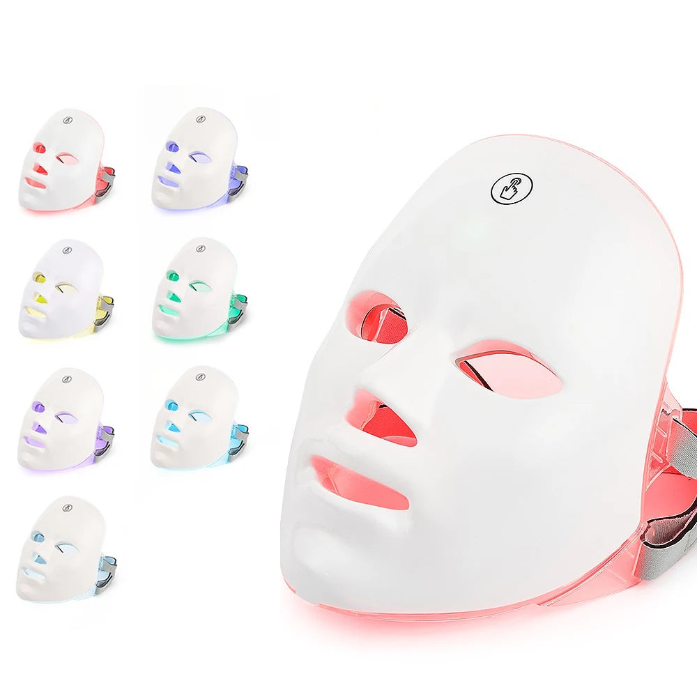 Máscara facial LED de 7 colores con terapia de luz roja para cuello para reafirmar la piel, lifting, antienvejecimiento, bio-luz, belleza, blanqueamiento en casa