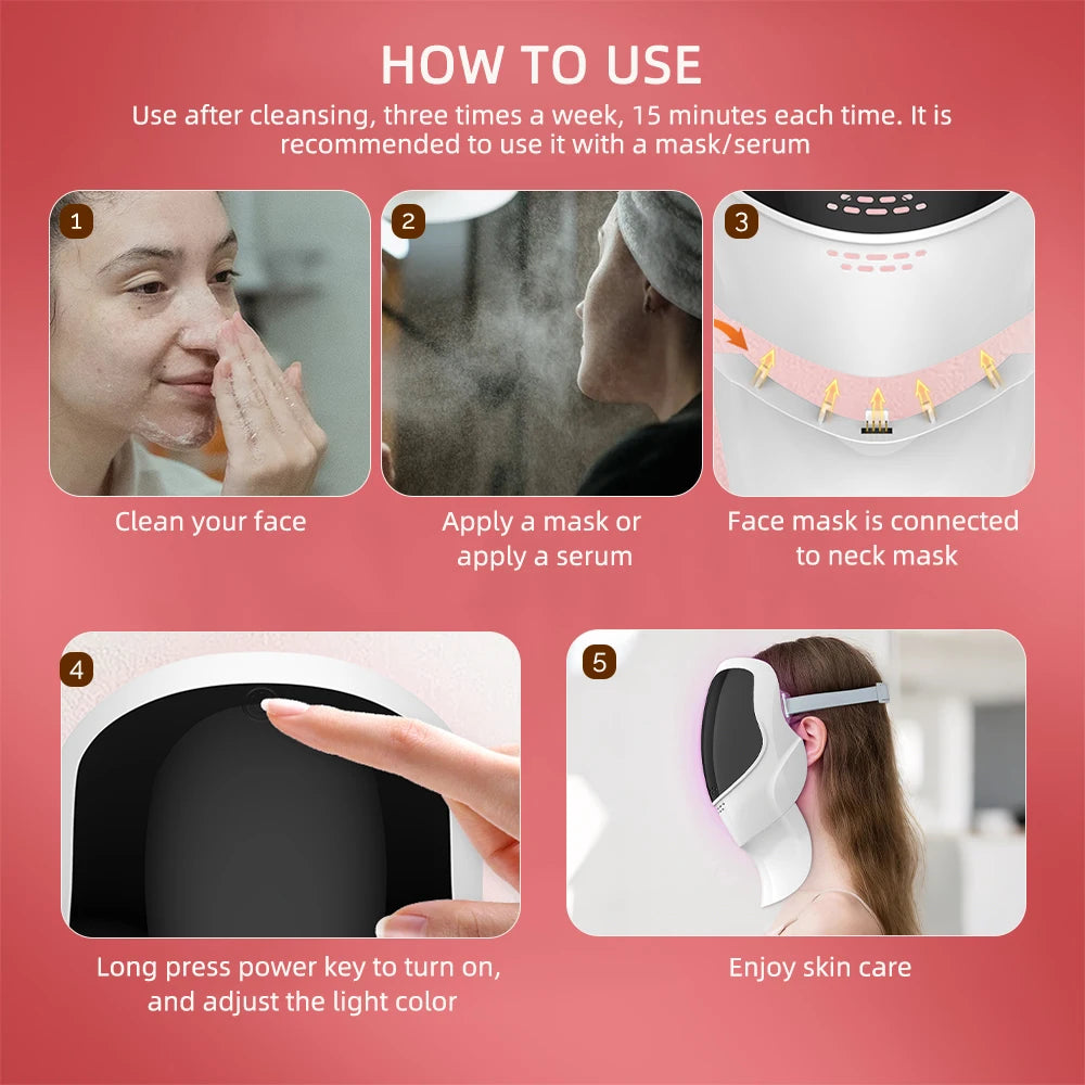Máscara facial y de cuello LED de 7 colores recargable, máquina de belleza con luz fotónica LED, herramienta para lifting facial y cuidado de la piel