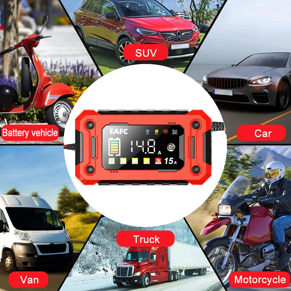 Neueste 12V Auto Batterieladegerät 15A/8A Pulsreparatur Großes Display Smart Charger für Auto Motorrad Bleiakku AGM GEL Batterien