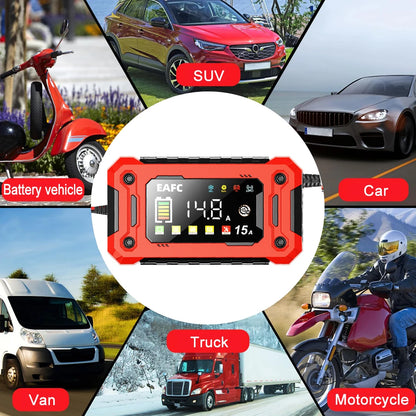 Neueste 12V Auto Batterieladegerät 15A/8A Pulsreparatur Großes Display Smart Charger für Auto Motorrad Bleiakku AGM GEL Batterien