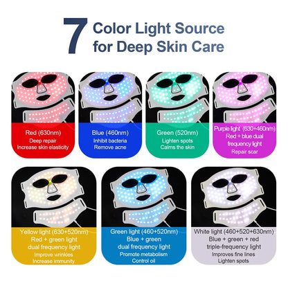 Silikon LED-mask för ansikte med nacke 7-färgers LED-foton rött ljus infraröd terapi flexibel ansiktsmask reparation av hud trådlös användning