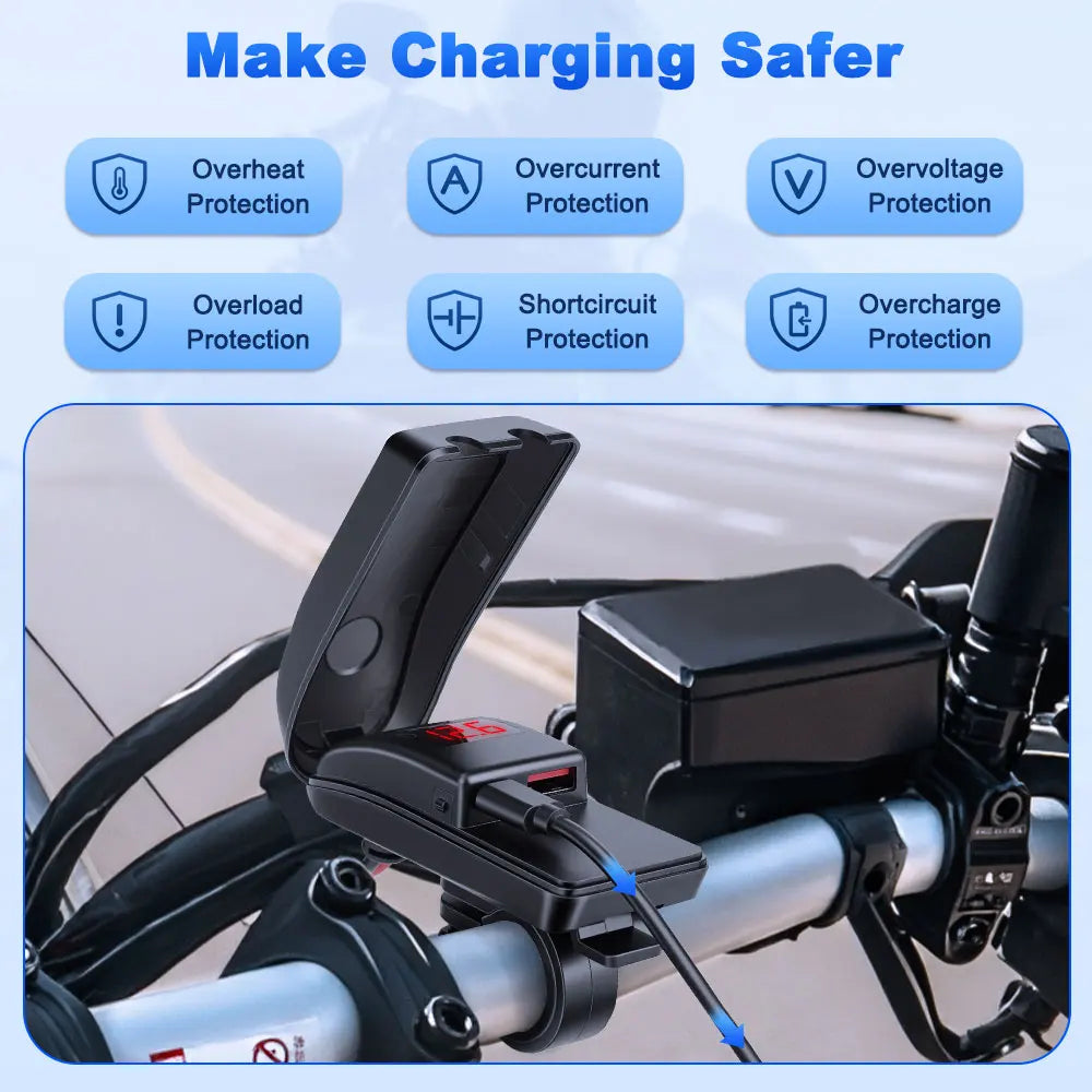 Încărcător USB Type C 60W pentru motocicletă cu adaptor, încărcător rapid USB cu comutator și voltmetru pentru telefon mobil GPS