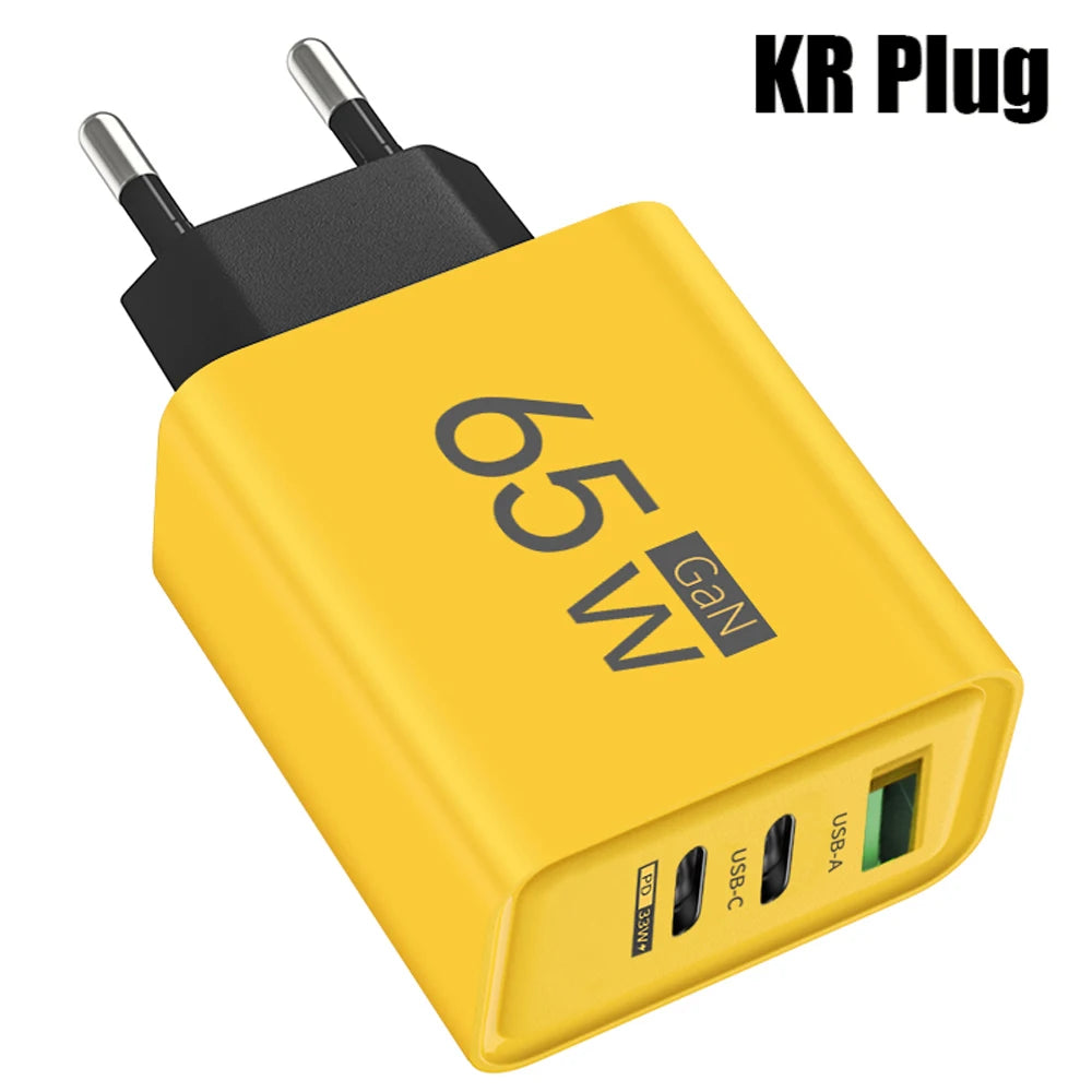 65W GaN USB-laddare 3-port Type C snabbladdning EU/US/KR-kontakt väggladdare för iPhone Samsung Xiaomi QC3.0 telefonladdare adapter