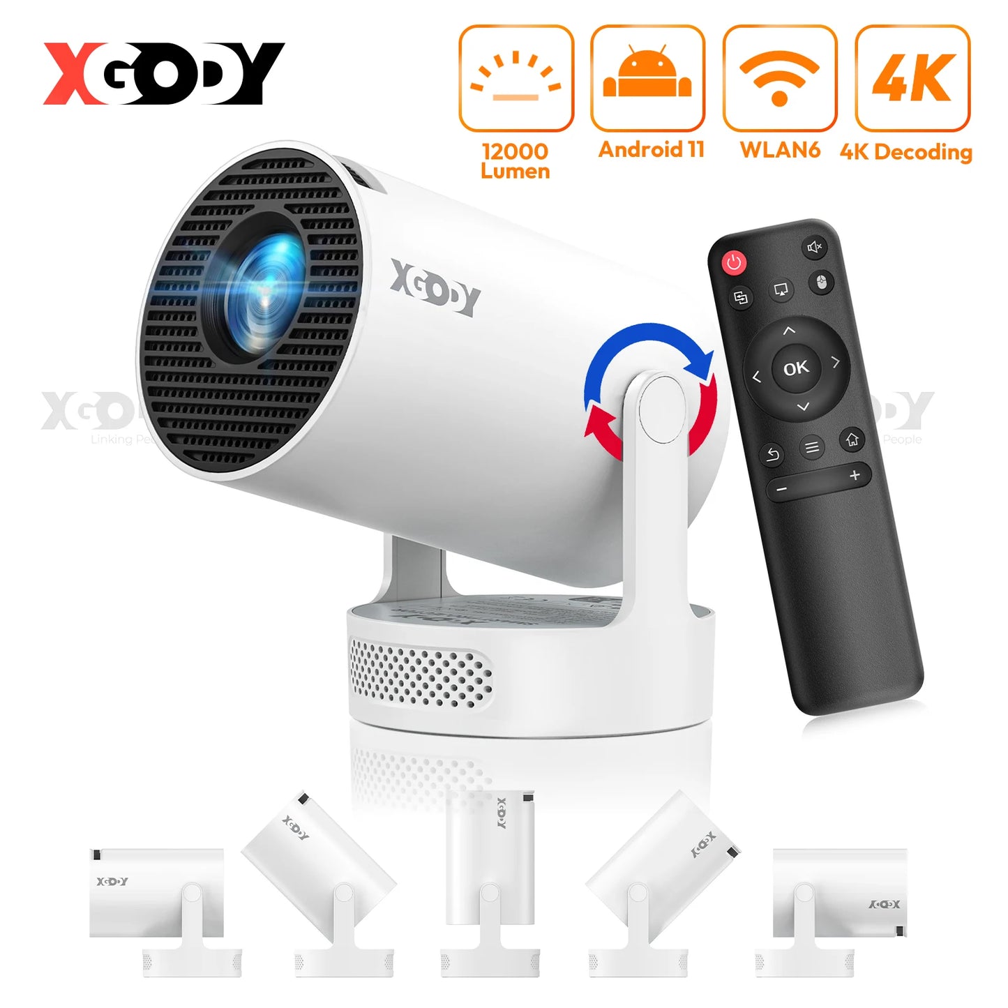 Proiector XGODY 4K HY300 Pro+ cu difuzor încorporat de 5W 1280*720P Android 11 12000 lumeni Wifi6 BT5.4 Proiector portabil outdoor