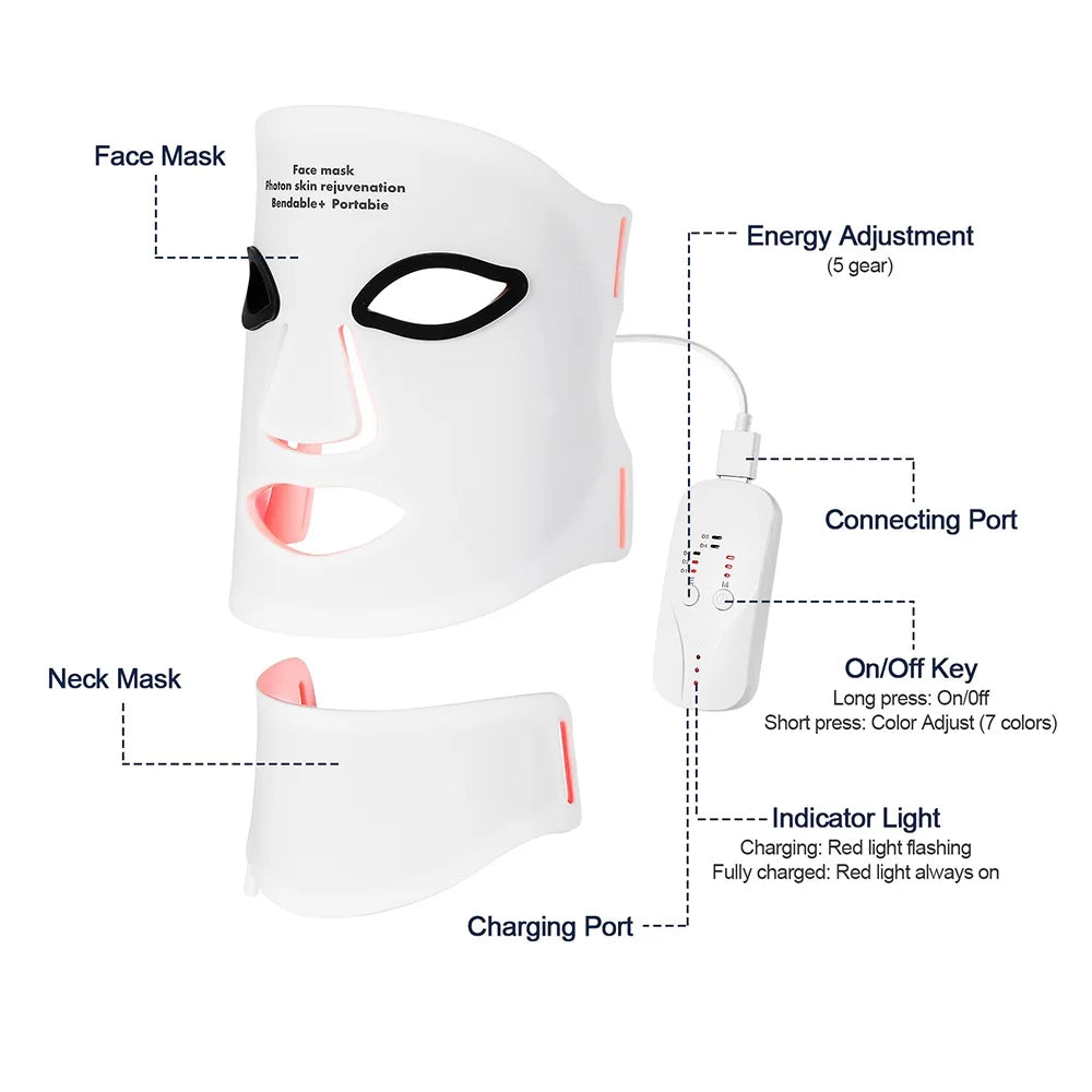 Silikon LED-mask för ansikte med nacke 7-färgers LED-foton rött ljus infraröd terapi flexibel ansiktsmask reparation av hud trådlös användning