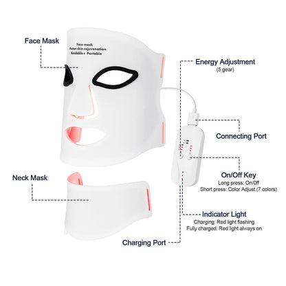 Silikon LED-mask för ansikte med nacke 7-färgers LED-foton rött ljus infraröd terapi flexibel ansiktsmask reparation av hud trådlös användning