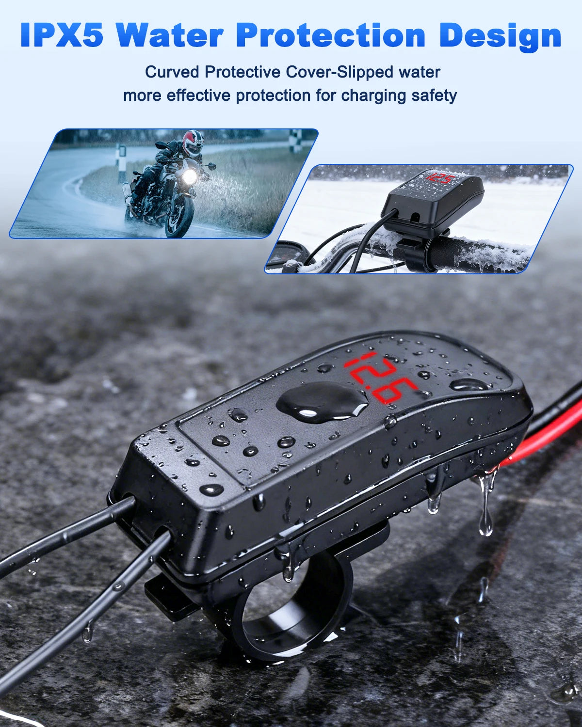 Încărcător USB Type C 60W pentru motocicletă cu adaptor, încărcător rapid USB cu comutator și voltmetru pentru telefon mobil GPS