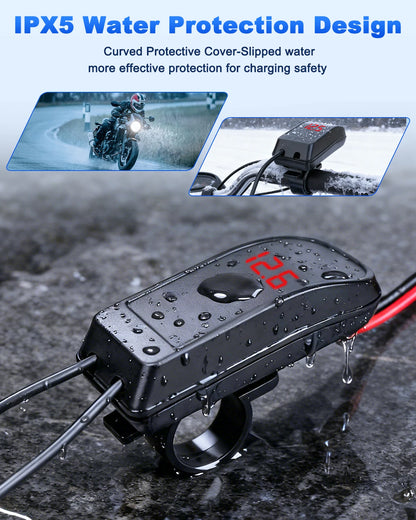 Încărcător USB Type C 60W pentru motocicletă cu adaptor, încărcător rapid USB cu comutator și voltmetru pentru telefon mobil GPS