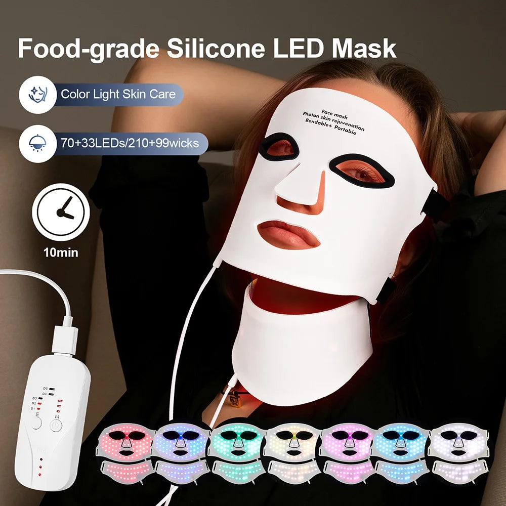 Silikon LED-mask för ansikte med nacke 7-färgers LED-foton rött ljus infraröd terapi flexibel ansiktsmask reparation av hud trådlös användning
