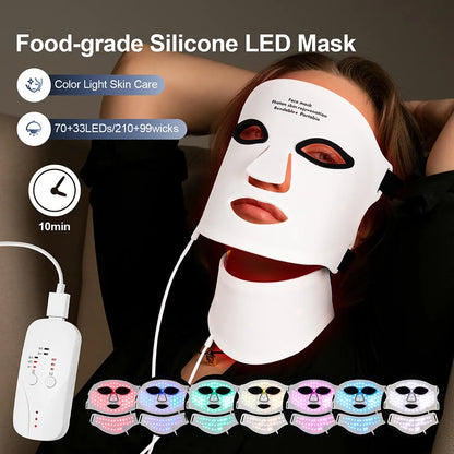 Silikon LED-mask för ansikte med nacke 7-färgers LED-foton rött ljus infraröd terapi flexibel ansiktsmask reparation av hud trådlös användning