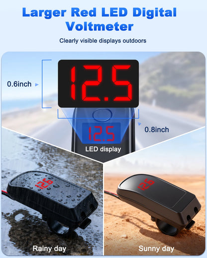 Încărcător USB Type C 60W pentru motocicletă cu adaptor, încărcător rapid USB cu comutator și voltmetru pentru telefon mobil GPS