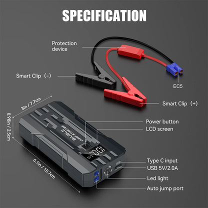 BIUBLE Auto Starthilfe 3000A Spitze 25000mAh 12V Batterie Booster Ladegerät Jump Starter Box mit Display