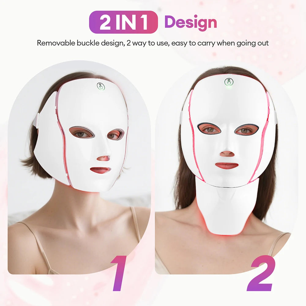 Máscara facial y de cuello LED de 7 colores recargable, máquina de belleza con luz fotónica LED, herramienta para lifting facial y cuidado de la piel