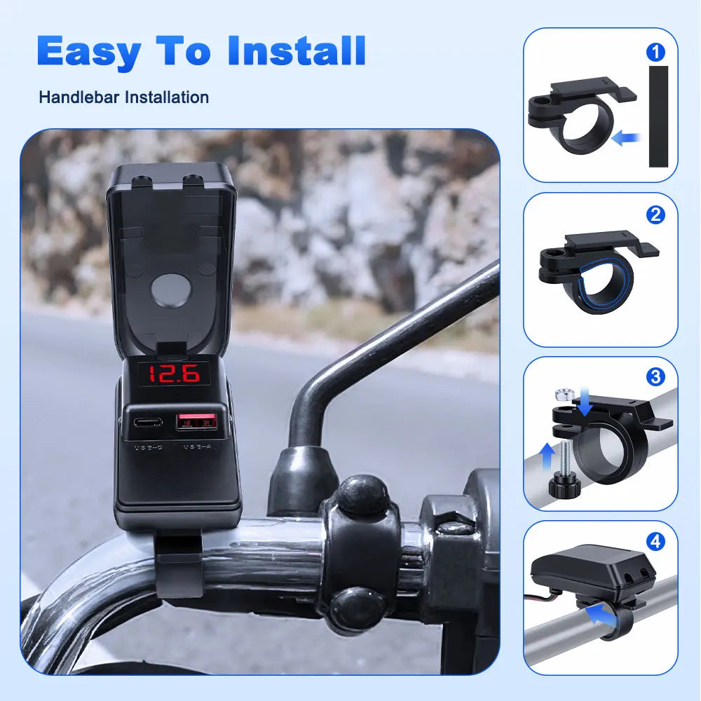 Încărcător USB Type C 60W pentru motocicletă cu adaptor, încărcător rapid USB cu comutator și voltmetru pentru telefon mobil GPS