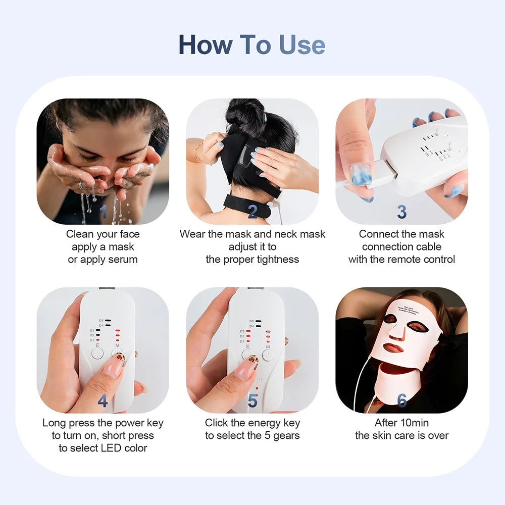 Silikon LED-mask för ansikte med nacke 7-färgers LED-foton rött ljus infraröd terapi flexibel ansiktsmask reparation av hud trådlös användning