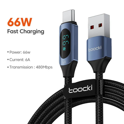 Cable USB Tipo C Toocki 66W Carga rápida Cargador USB A a USB C Cable de pantalla para iPhone 15 Xiaomi POCO F3 Realme Macbook iPad