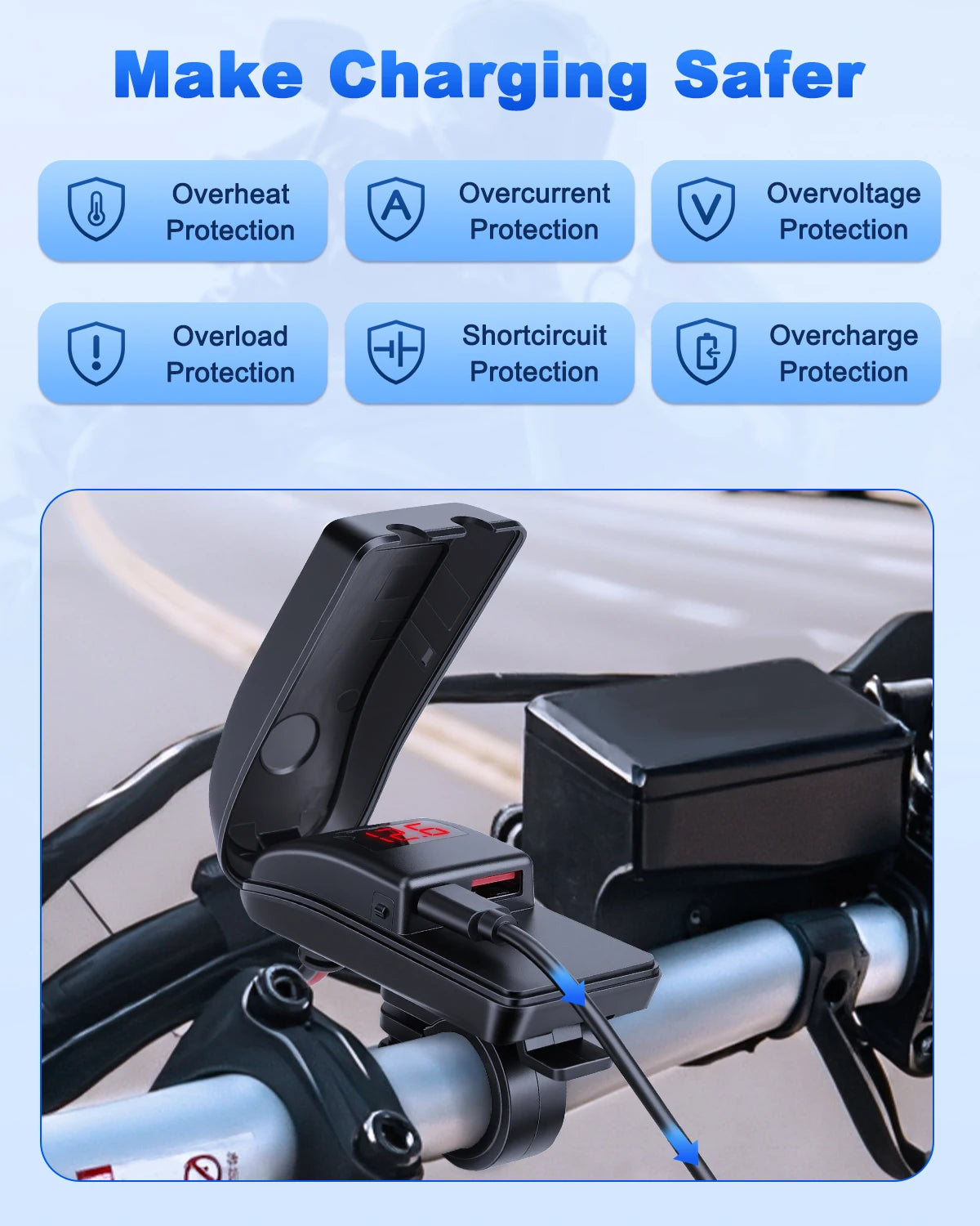 Încărcător USB Type C 60W pentru motocicletă cu adaptor, încărcător rapid USB cu comutator și voltmetru pentru telefon mobil GPS