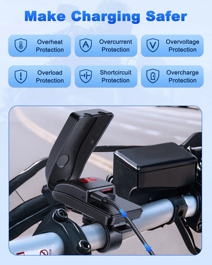 Încărcător USB Type C 60W pentru motocicletă cu adaptor, încărcător rapid USB cu comutator și voltmetru pentru telefon mobil GPS