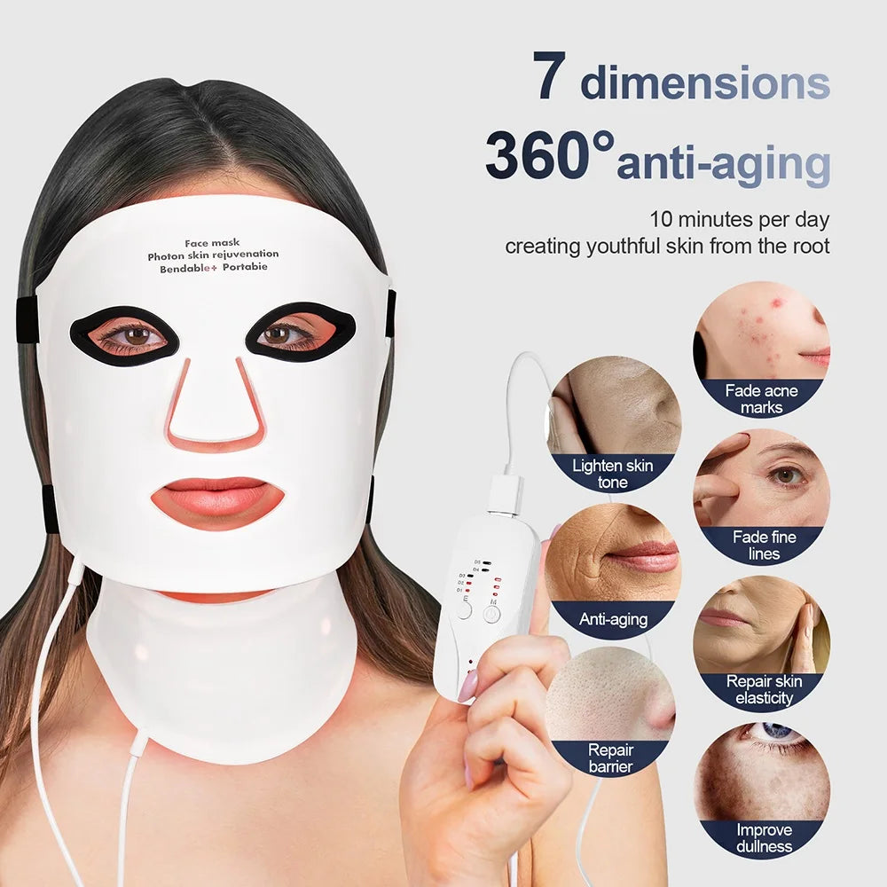 Silikon LED-mask för ansikte med nacke 7-färgers LED-foton rött ljus infraröd terapi flexibel ansiktsmask reparation av hud trådlös användning