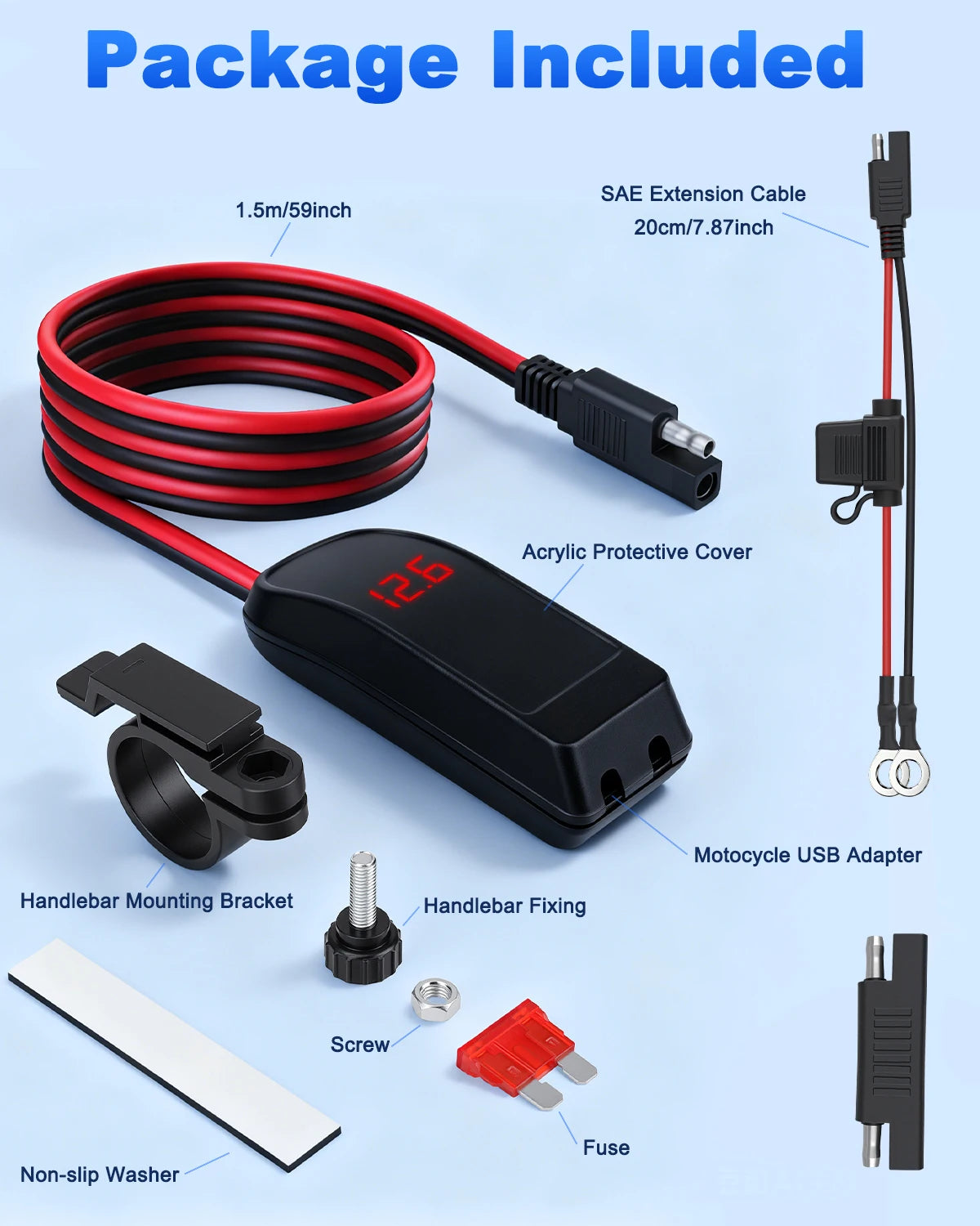 Încărcător USB Type C 60W pentru motocicletă cu adaptor, încărcător rapid USB cu comutator și voltmetru pentru telefon mobil GPS
