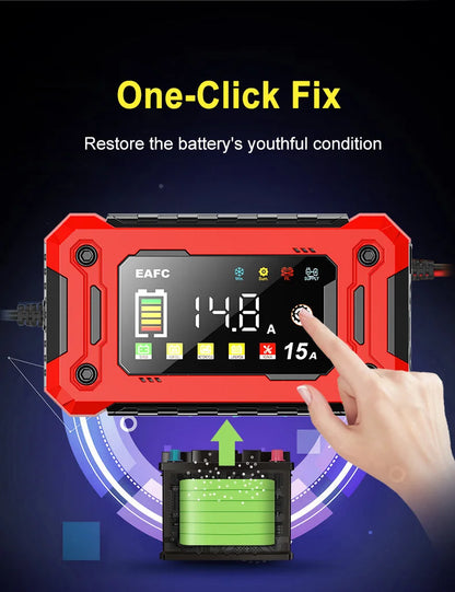 Neueste 12V Auto Batterieladegerät 15A/8A Pulsreparatur Großes Display Smart Charger für Auto Motorrad Bleiakku AGM GEL Batterien