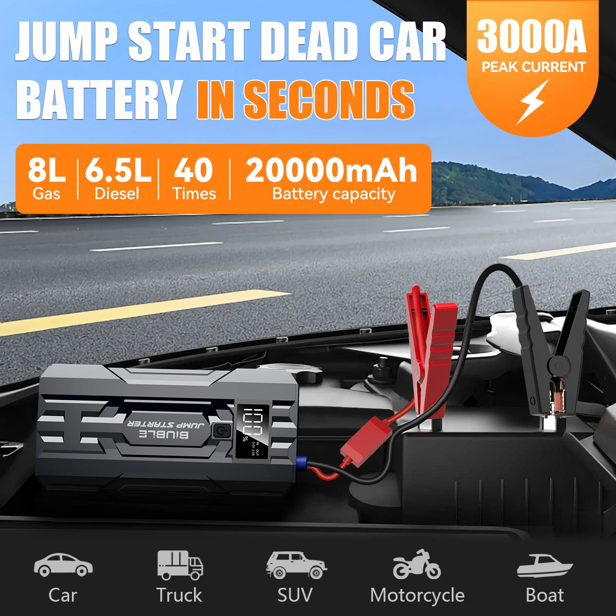BIUBLE Auto Starthilfe 3000A Spitze 25000mAh 12V Batterie Booster Ladegerät Jump Starter Box mit Display
