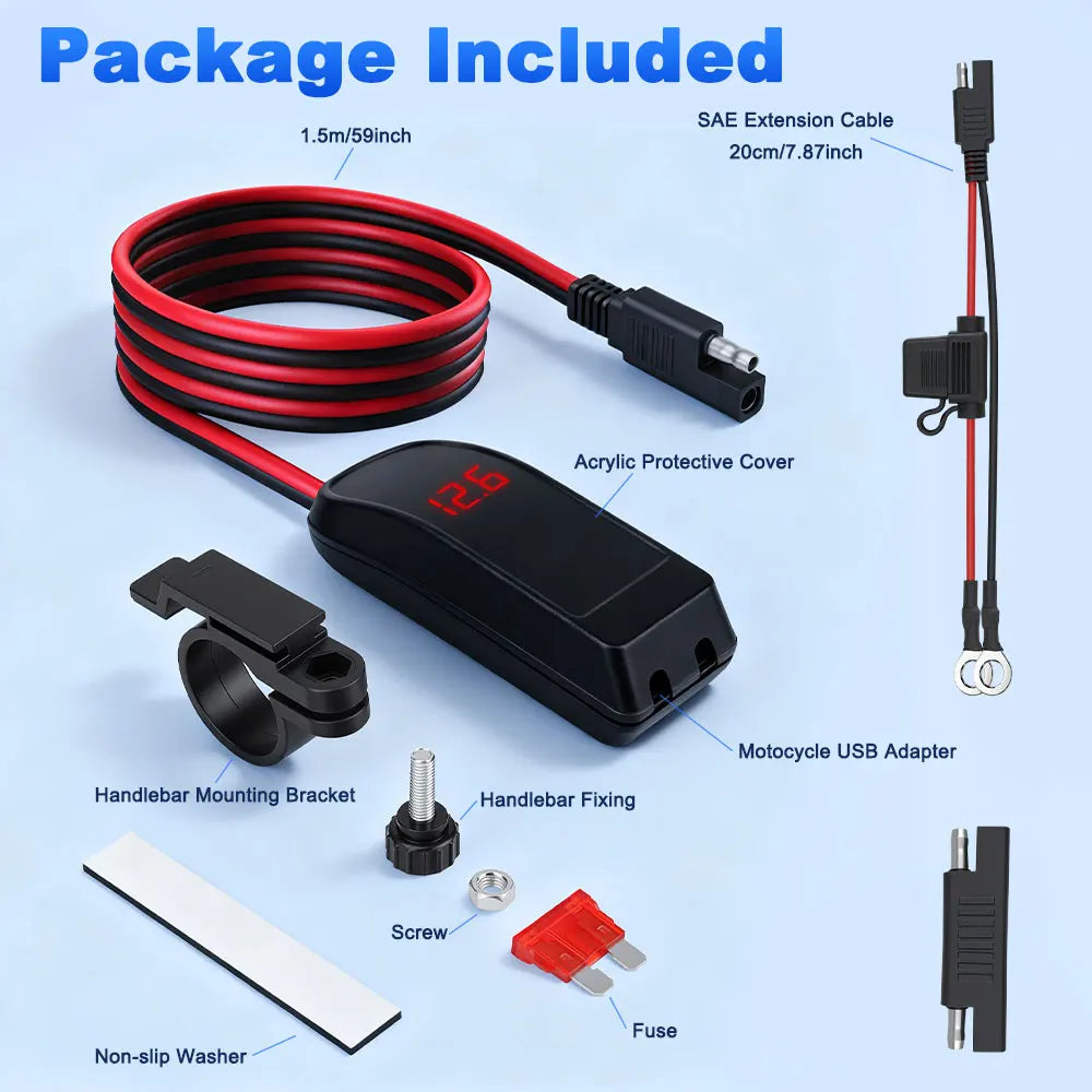 Încărcător USB Type C 60W pentru motocicletă cu adaptor, încărcător rapid USB cu comutator și voltmetru pentru telefon mobil GPS