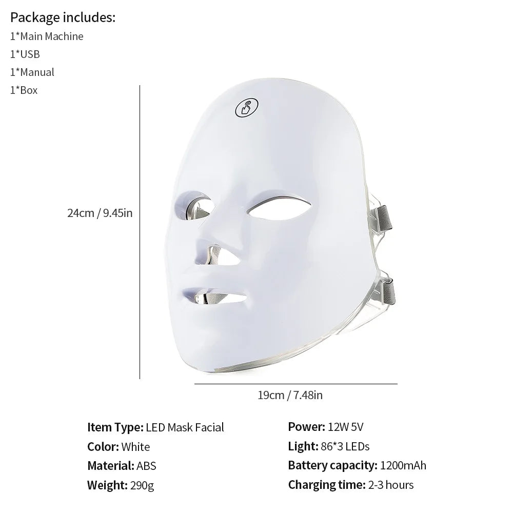 Máscara facial LED de 7 colores con terapia de luz roja para cuello para reafirmar la piel, lifting, antienvejecimiento, bio-luz, belleza, blanqueamiento en casa