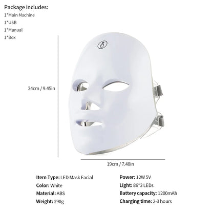 Máscara facial LED de 7 colores con terapia de luz roja para cuello para reafirmar la piel, lifting, antienvejecimiento, bio-luz, belleza, blanqueamiento en casa