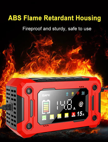 Neueste 12V Auto Batterieladegerät 15A/8A Pulsreparatur Großes Display Smart Charger für Auto Motorrad Bleiakku AGM GEL Batterien