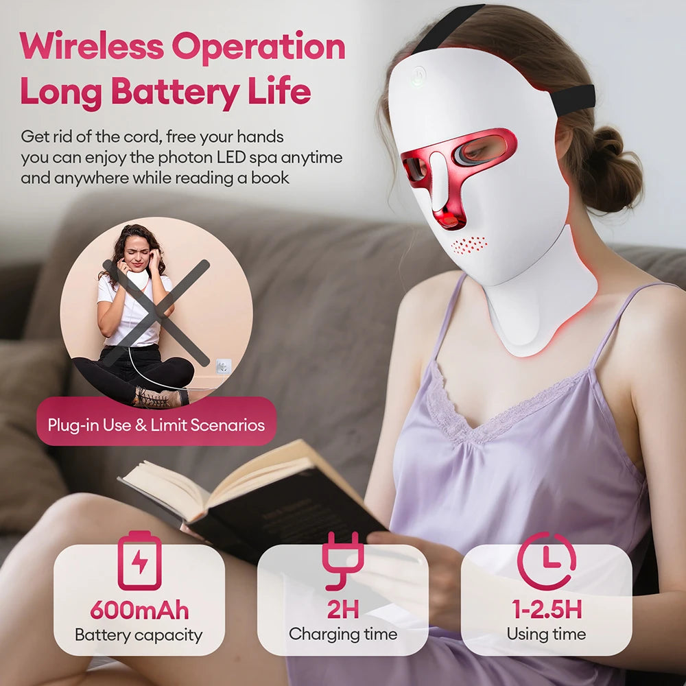 Máscara facial y de cuello LED de 7 colores recargable, máquina de belleza con luz fotónica LED, herramienta para lifting facial y cuidado de la piel