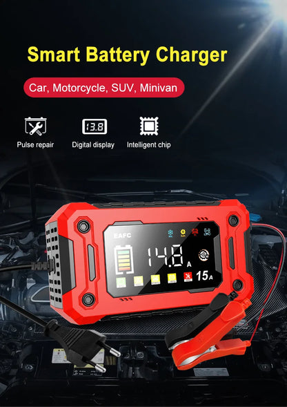 Neueste 12V Auto Batterieladegerät 15A/8A Pulsreparatur Großes Display Smart Charger für Auto Motorrad Bleiakku AGM GEL Batterien