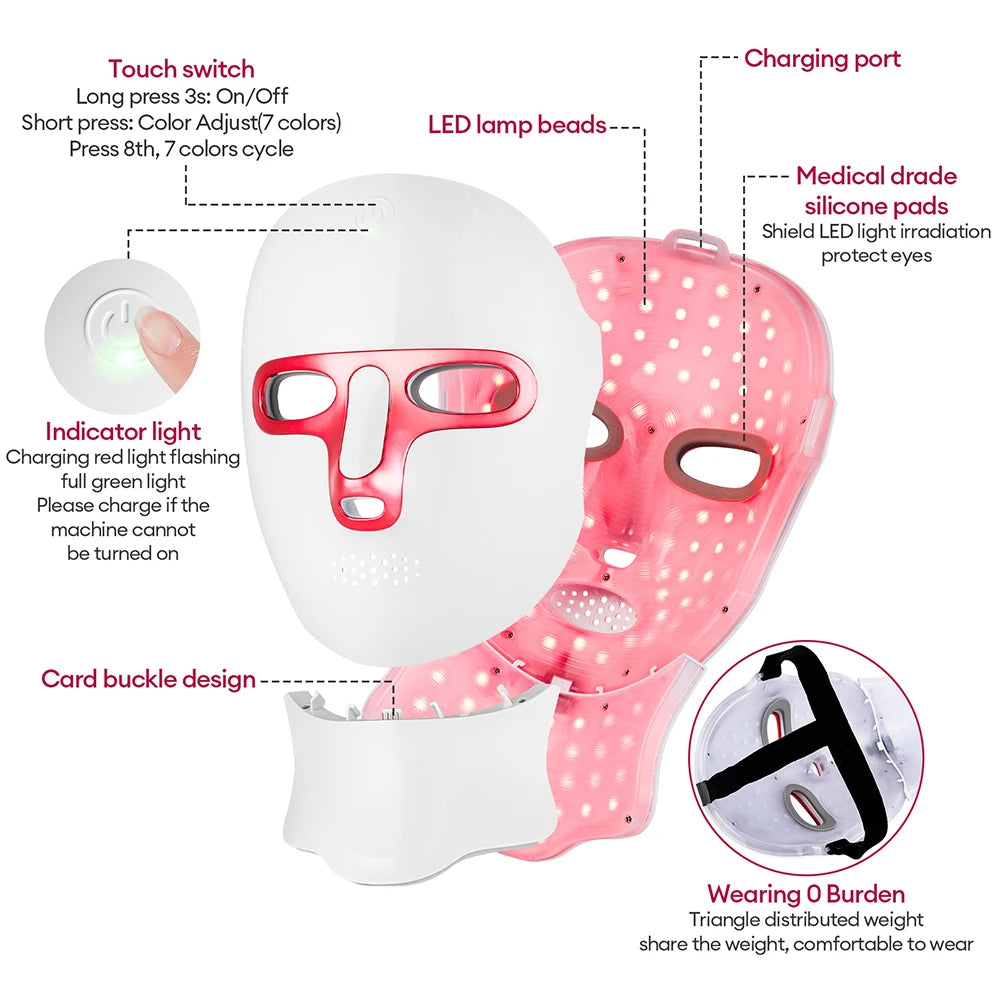 Máscara facial y de cuello LED de 7 colores recargable, máquina de belleza con luz fotónica LED, herramienta para lifting facial y cuidado de la piel