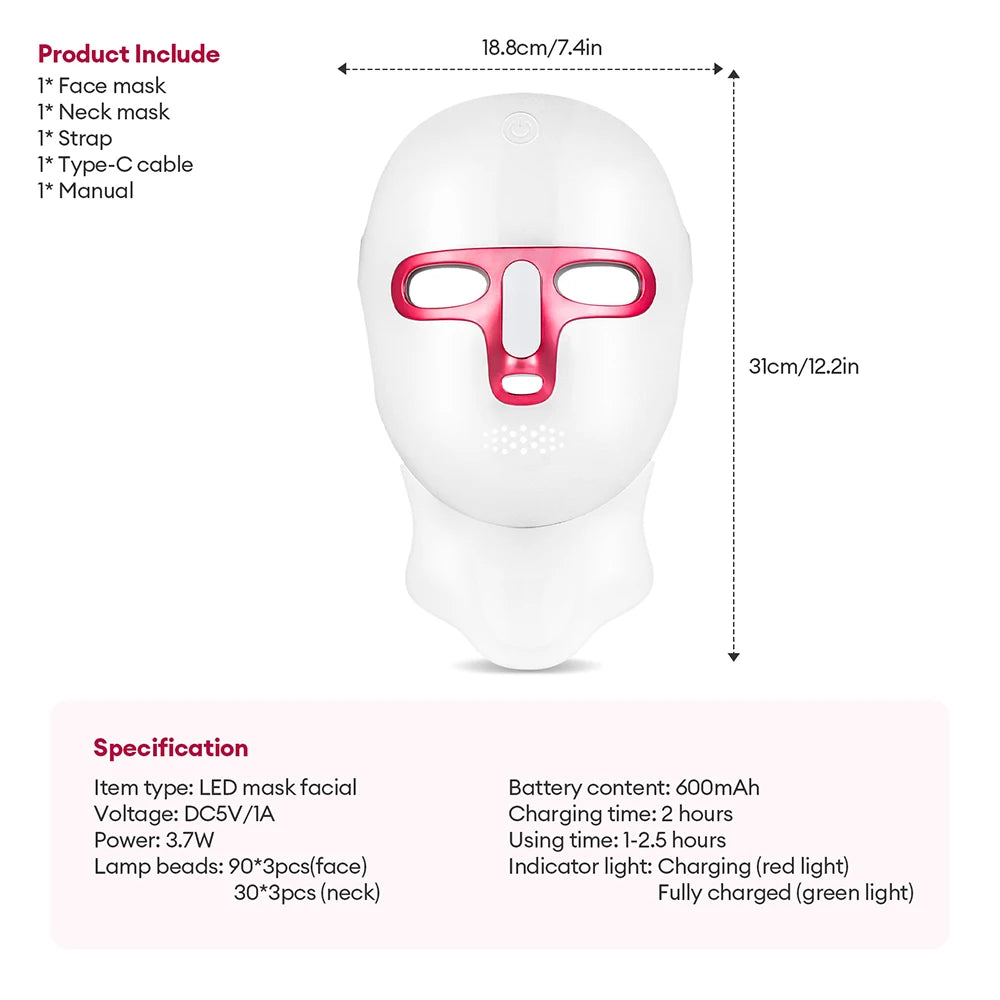 Máscara facial y de cuello LED de 7 colores recargable, máquina de belleza con luz fotónica LED, herramienta para lifting facial y cuidado de la piel