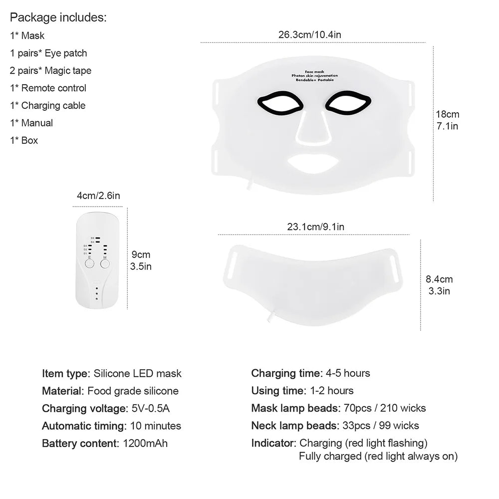 Silikon LED-mask för ansikte med nacke 7-färgers LED-foton rött ljus infraröd terapi flexibel ansiktsmask reparation av hud trådlös användning
