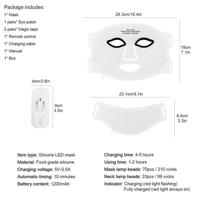 Silikon LED-mask för ansikte med nacke 7-färgers LED-foton rött ljus infraröd terapi flexibel ansiktsmask reparation av hud trådlös användning