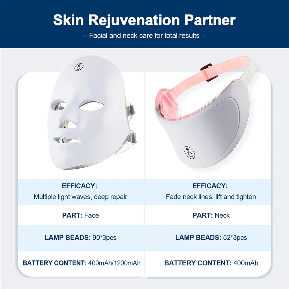 Máscara facial LED de 7 colores con terapia de luz roja para cuello para reafirmar la piel, lifting, antienvejecimiento, bio-luz, belleza, blanqueamiento en casa