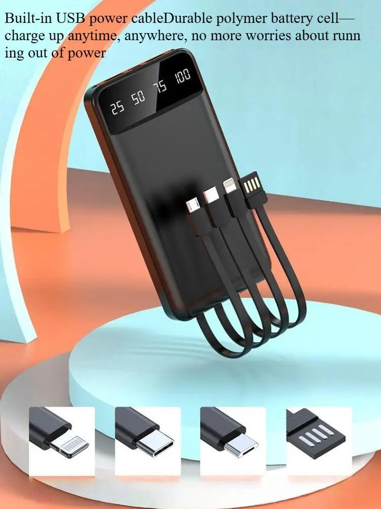 20000mAh Power Bank Černá s integrovaným kabelem 5 zařízení Rychlé nabíjení LED displej